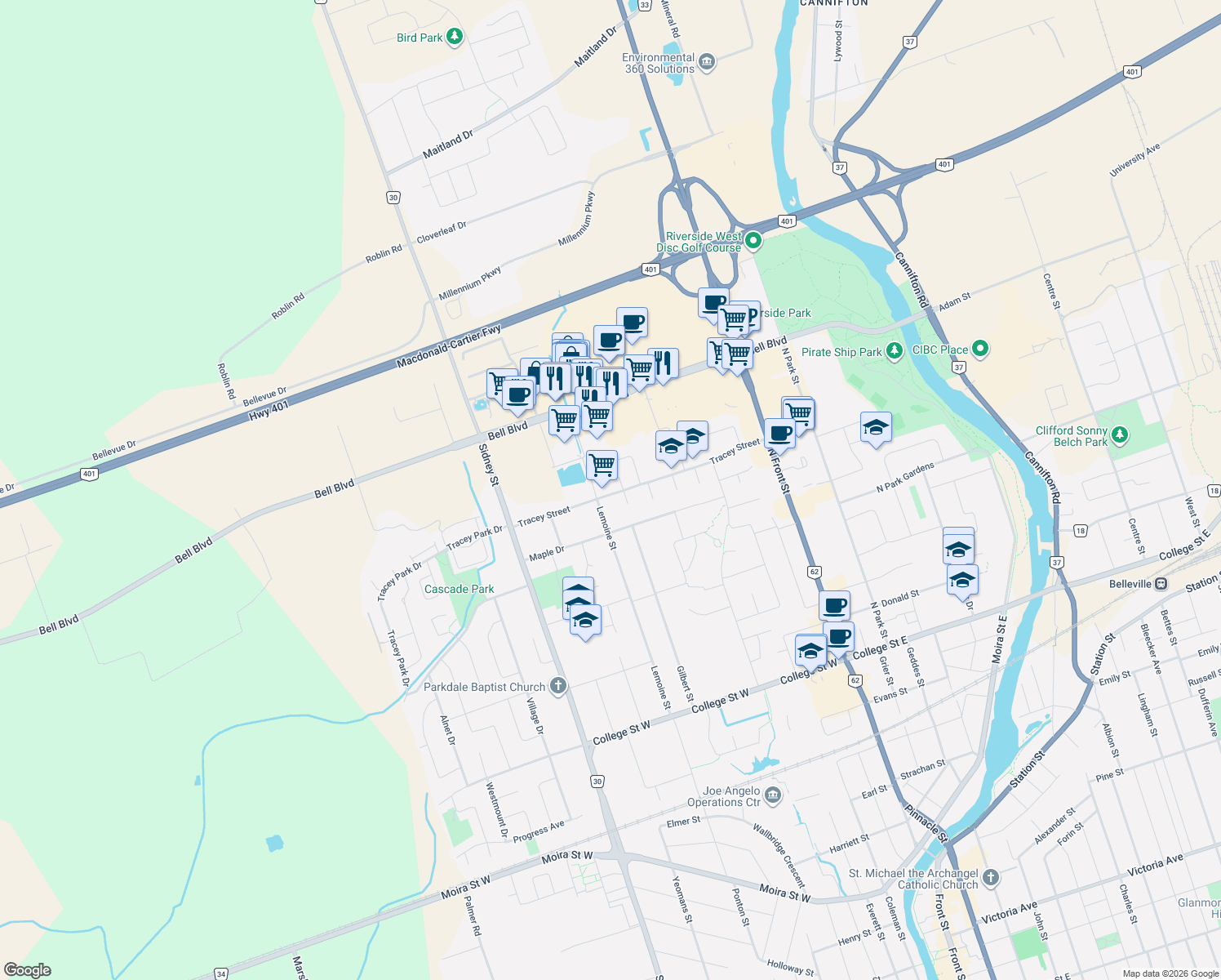 map of restaurants, bars, coffee shops, grocery stores, and more near 68 Tracey Street in Belleville
