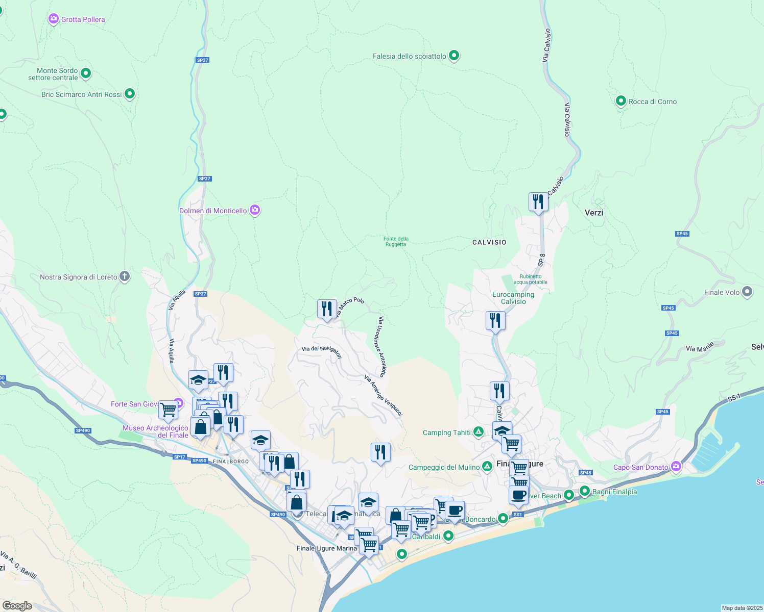 map of restaurants, bars, coffee shops, grocery stores, and more near 4 Via Castellino in Finale Ligure