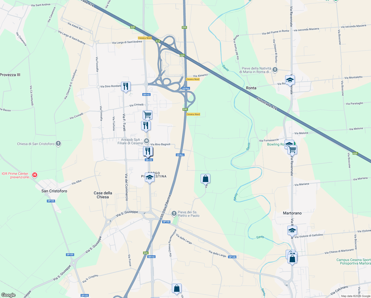 map of restaurants, bars, coffee shops, grocery stores, and more near 615 Via Rino Bagnoli in Cesena