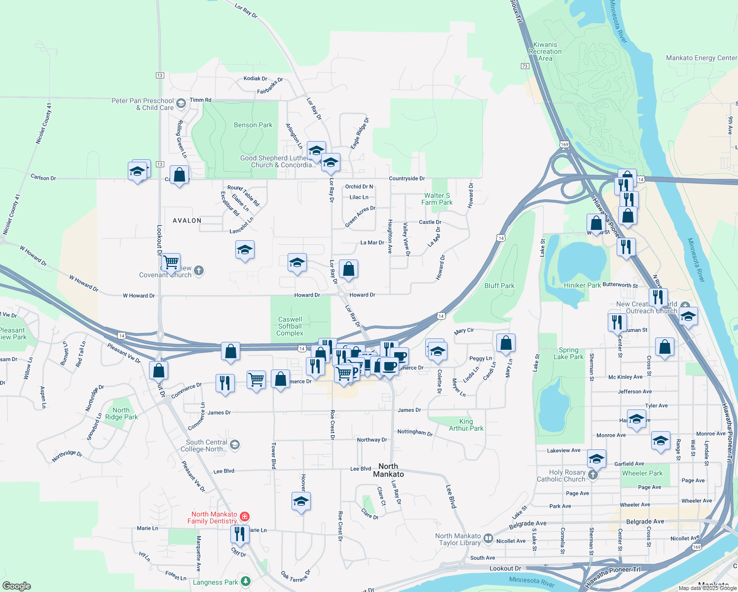 map of restaurants, bars, coffee shops, grocery stores, and more near 1977 Howard Dr in North Mankato