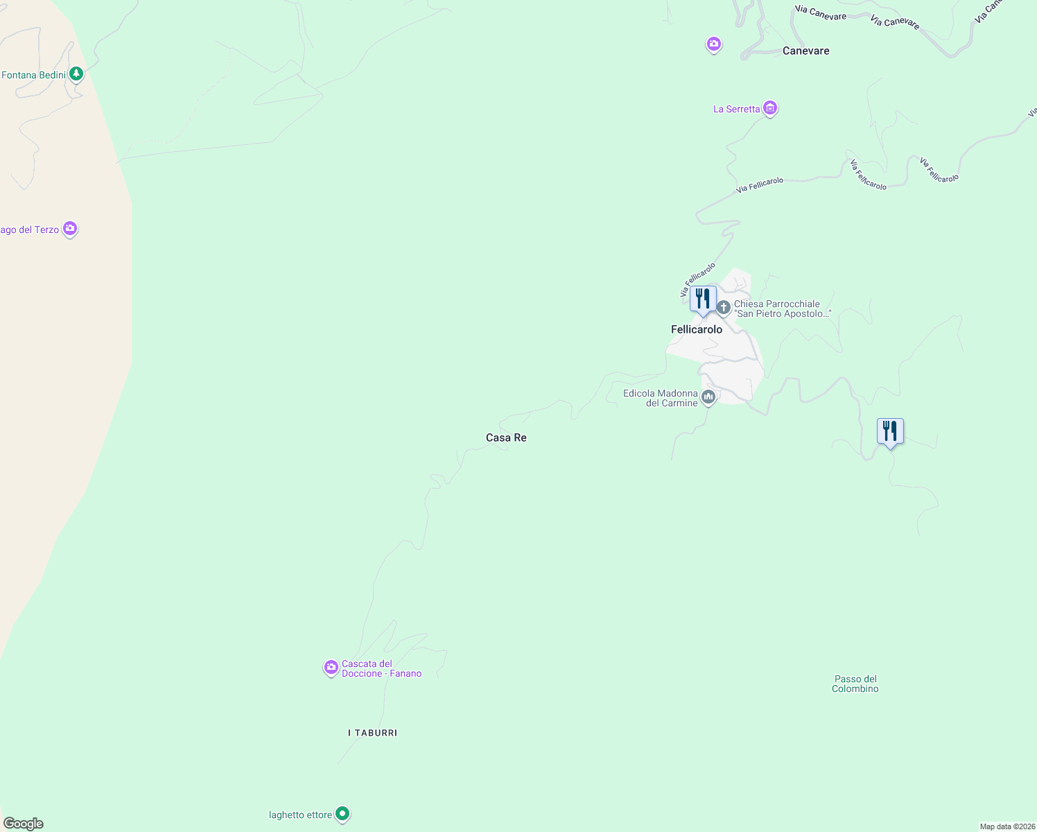 map of restaurants, bars, coffee shops, grocery stores, and more near 1155 Via Taburri in Fanano