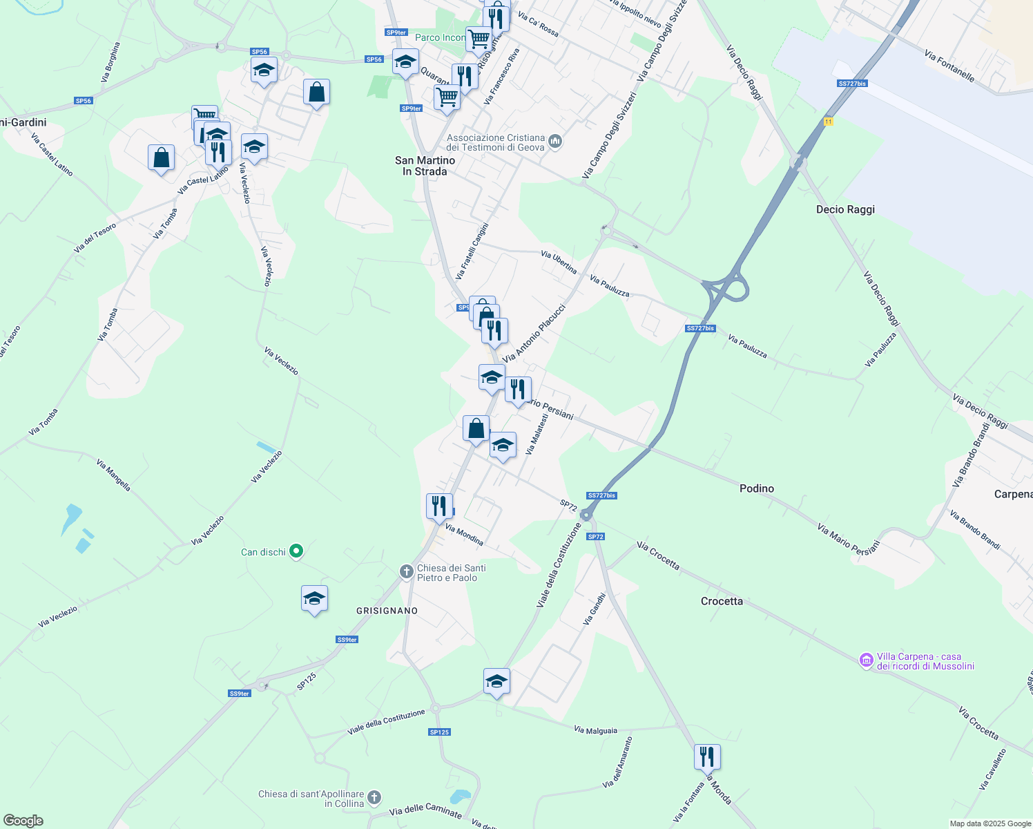 map of restaurants, bars, coffee shops, grocery stores, and more near 492 Viale dell'Appennino in Forlì