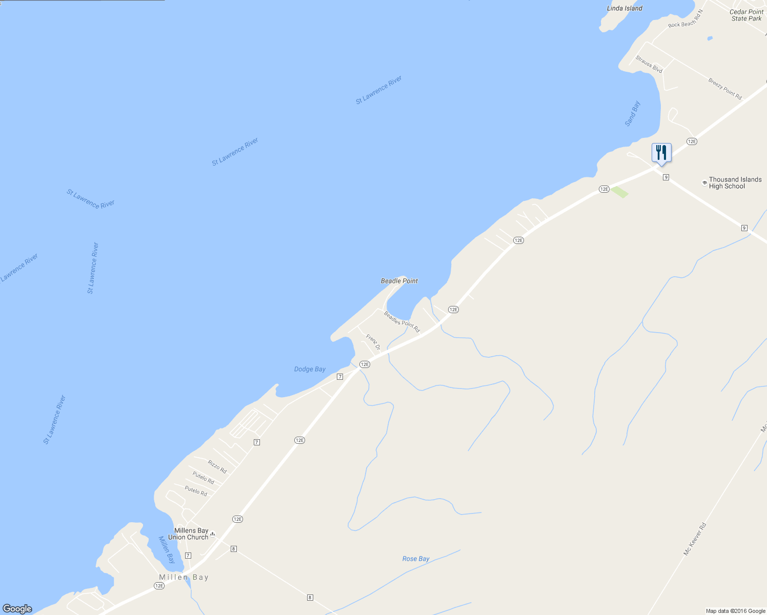 map of restaurants, bars, coffee shops, grocery stores, and more near 35808 Beadles Point Road East in Cape Vincent