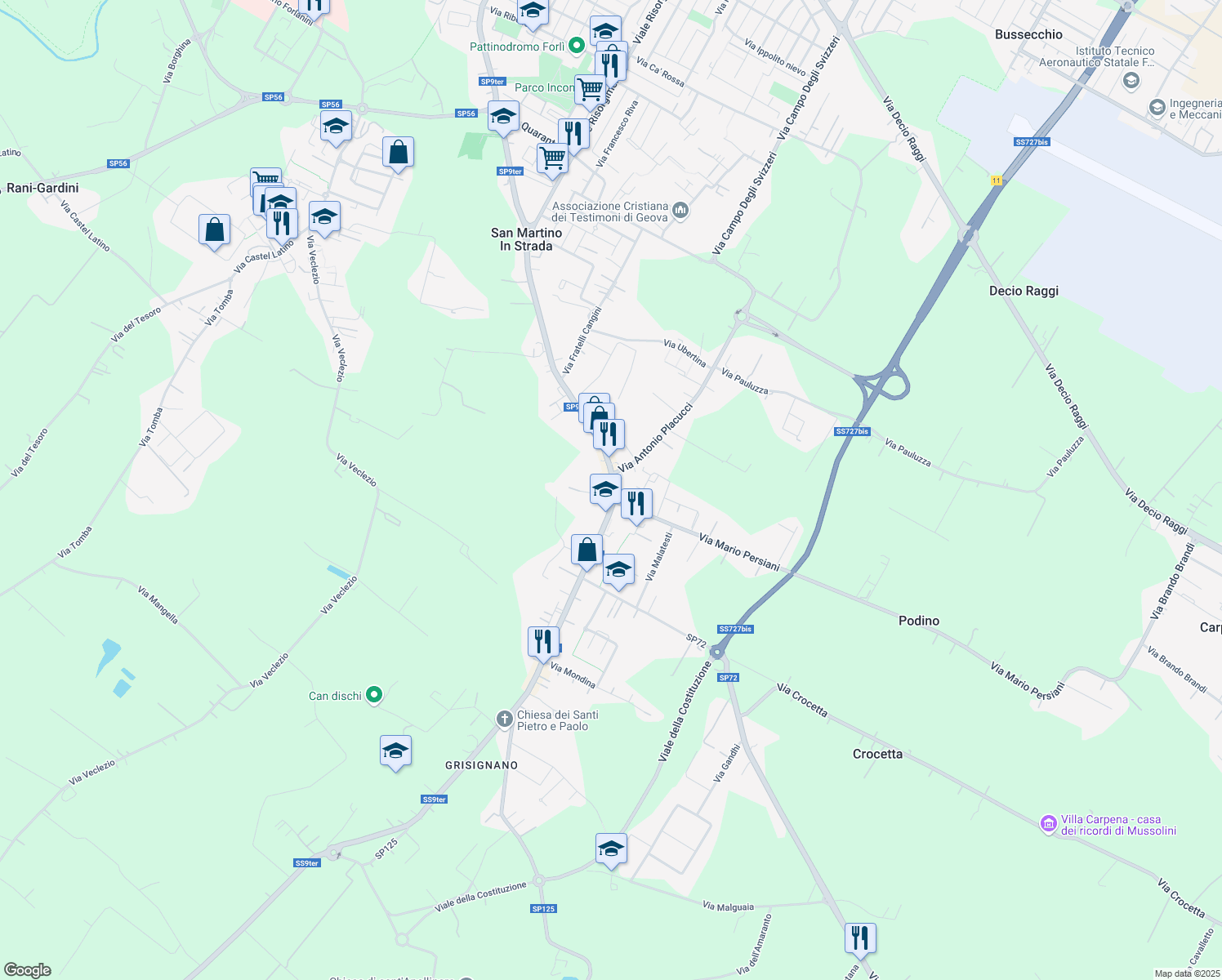 map of restaurants, bars, coffee shops, grocery stores, and more near 492 Viale dell'Appennino in Forlì