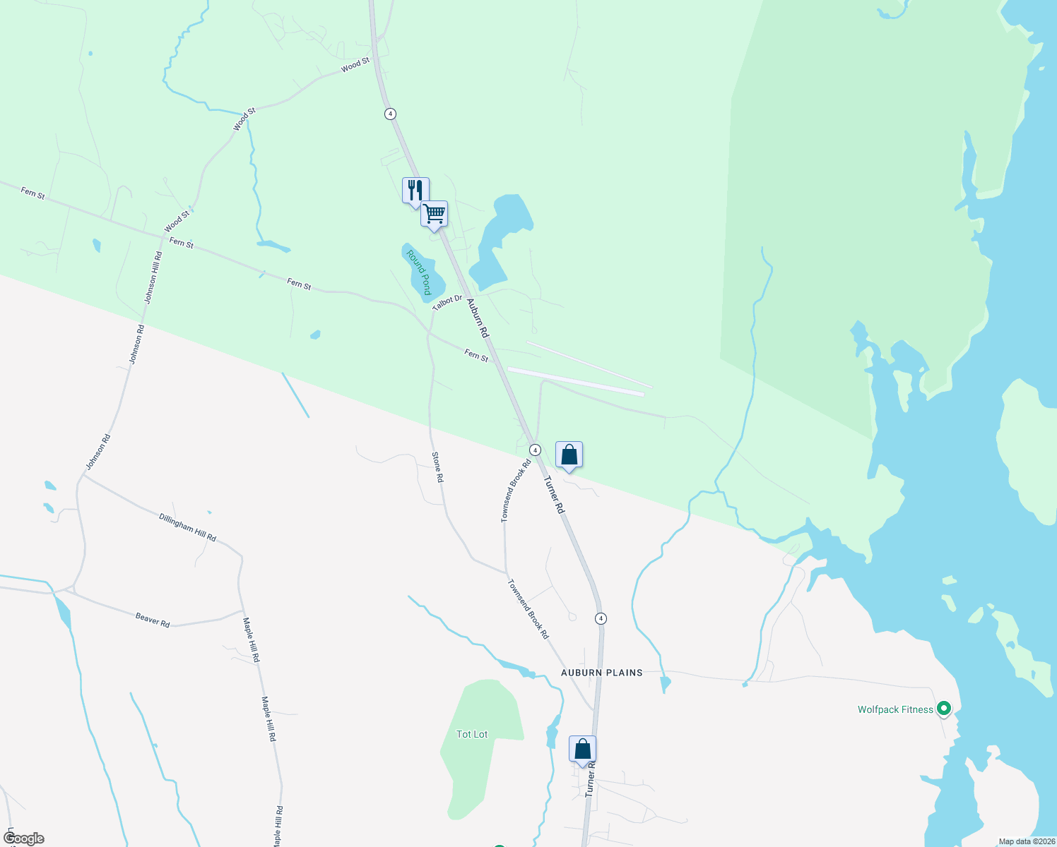 map of restaurants, bars, coffee shops, grocery stores, and more near 41 Auburn Road in Turner