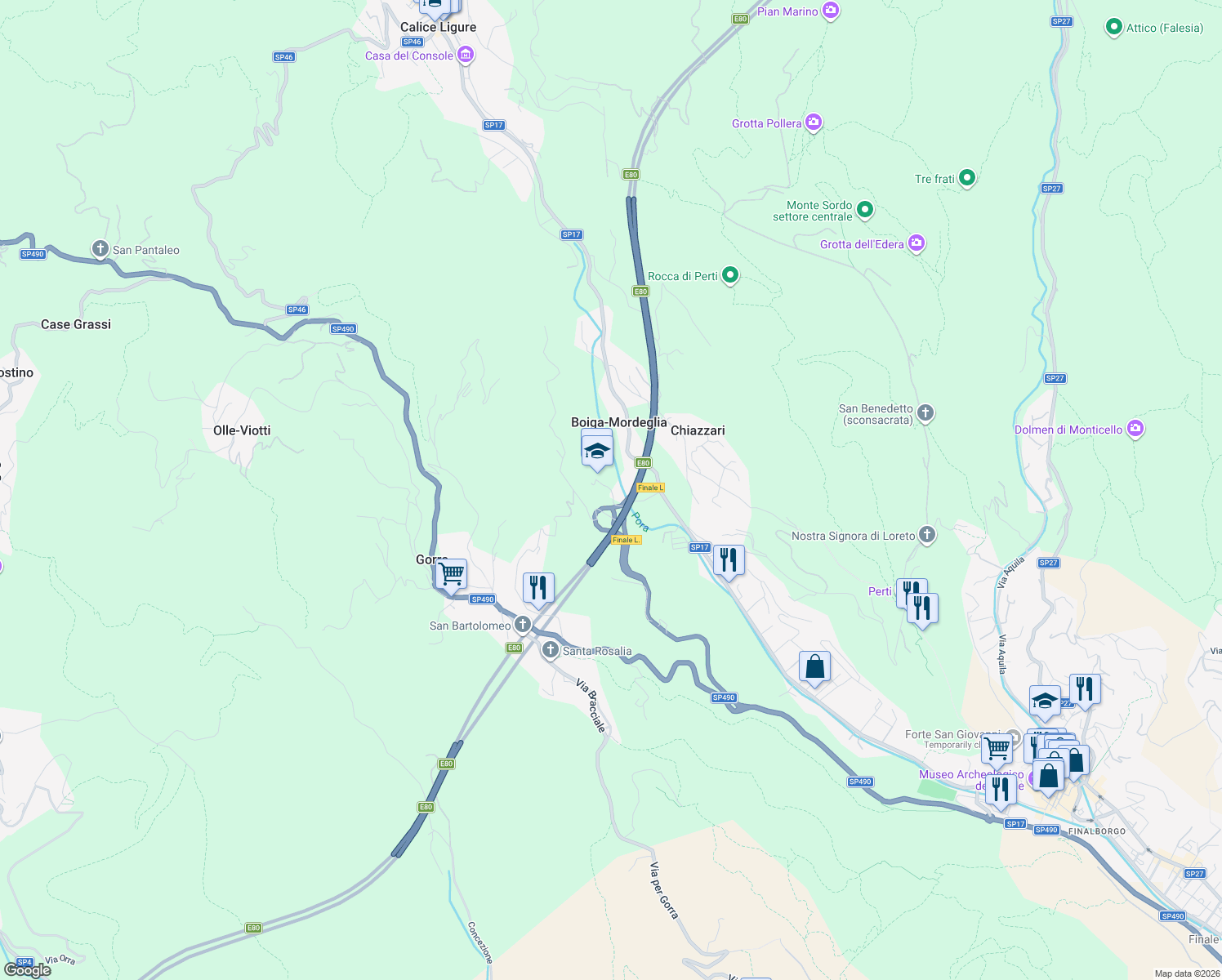 map of restaurants, bars, coffee shops, grocery stores, and more near Viadotto Porra in Province of Savona