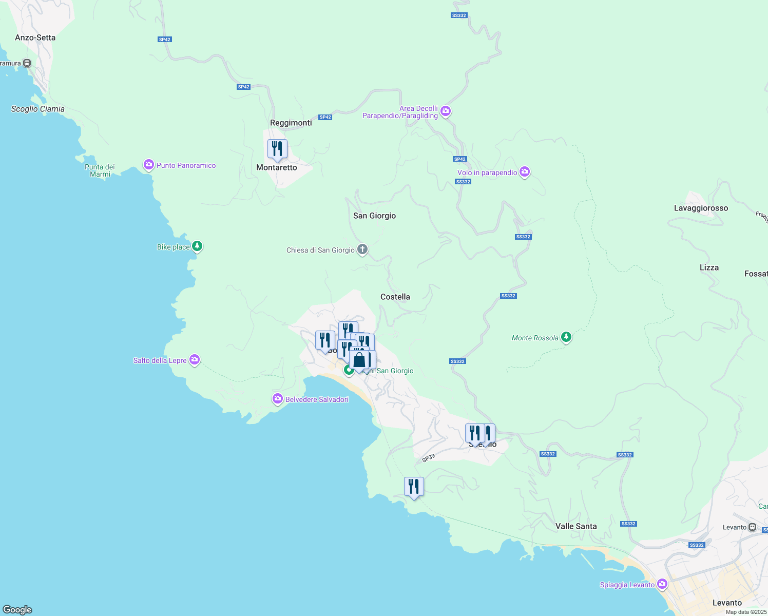 map of restaurants, bars, coffee shops, grocery stores, and more near 13 Via Nuova San Giorgio in Costella