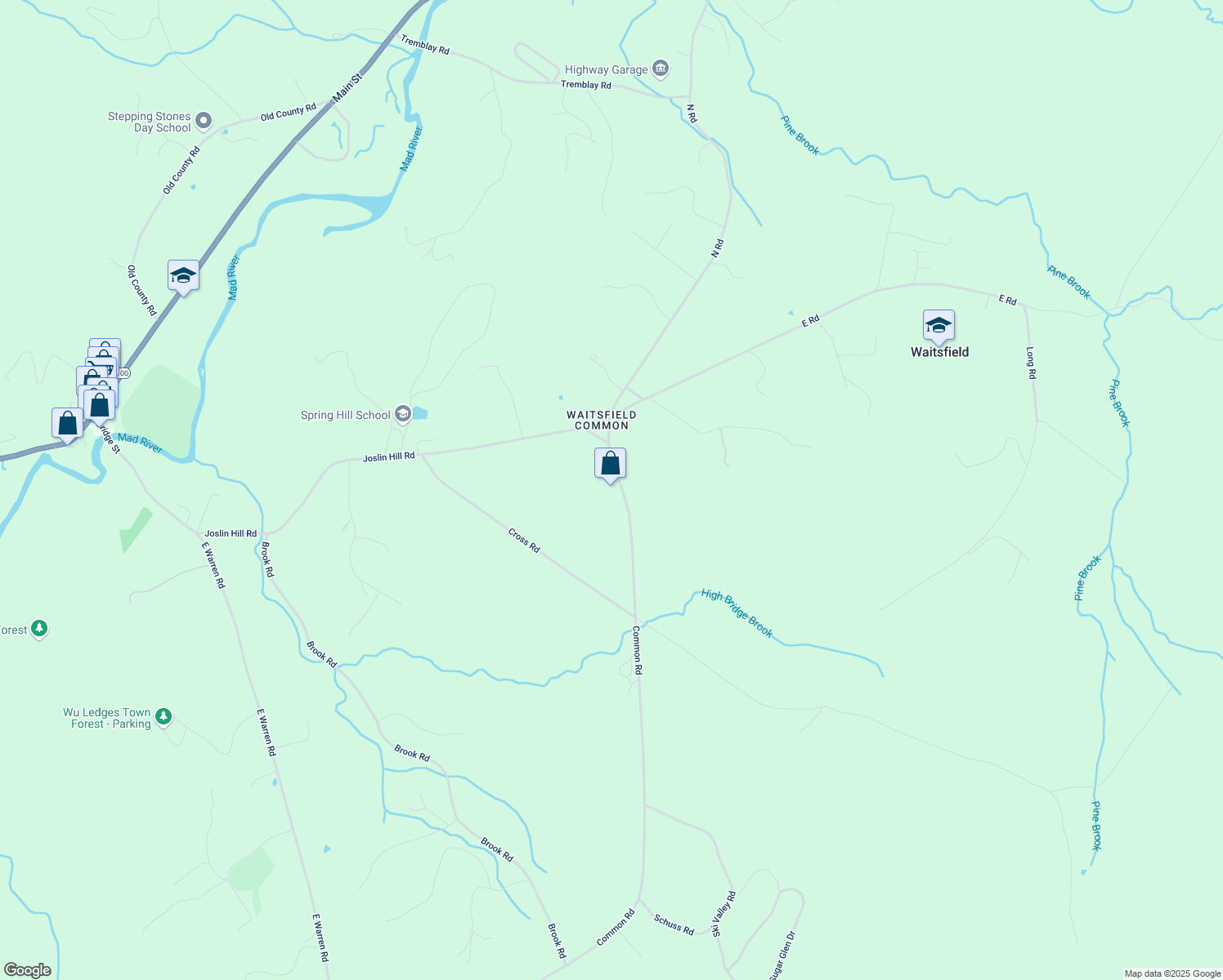 map of restaurants, bars, coffee shops, grocery stores, and more near 208 Common Rd in Waitsfield