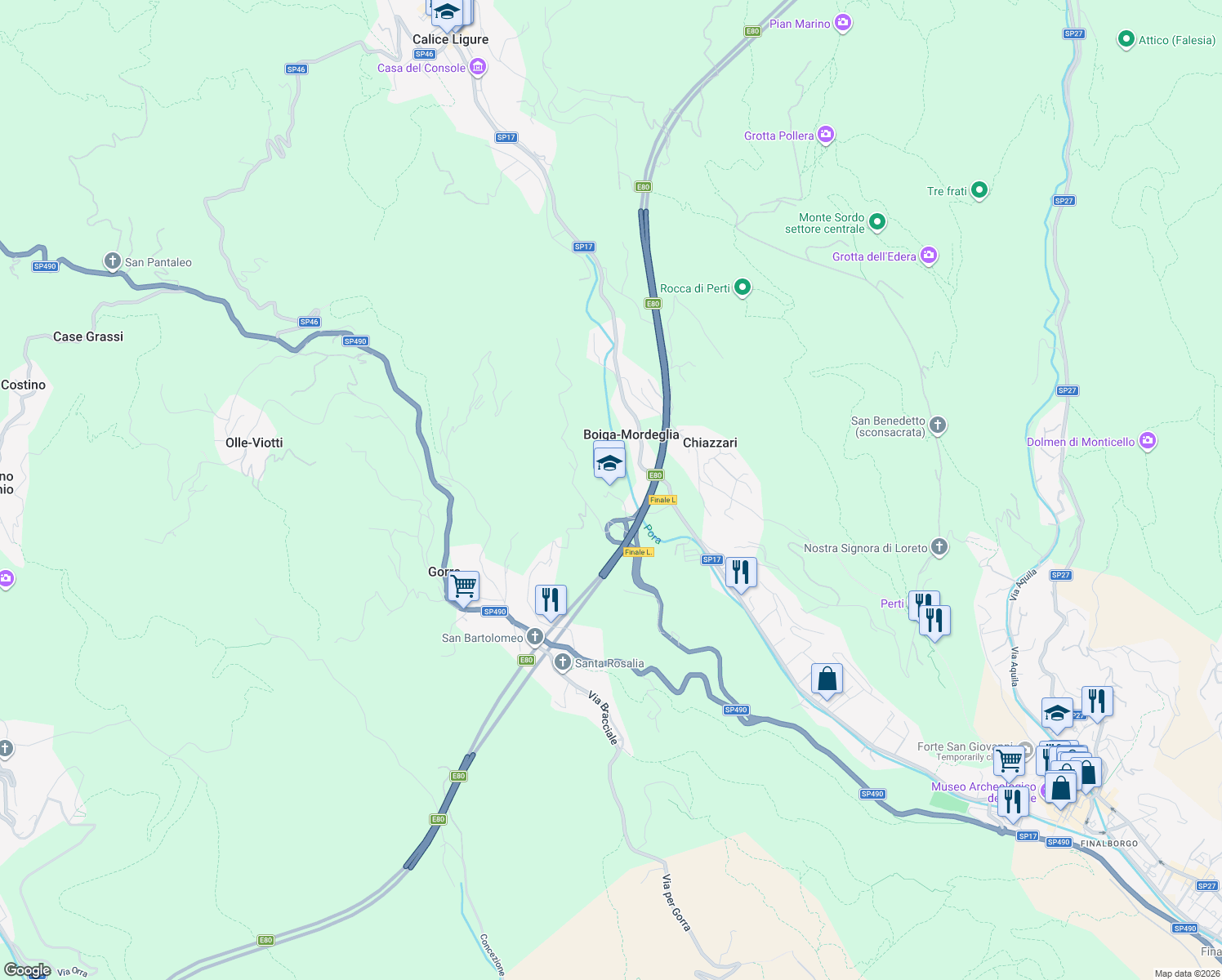 map of restaurants, bars, coffee shops, grocery stores, and more near Viadotto Porra in Provincia di Savona