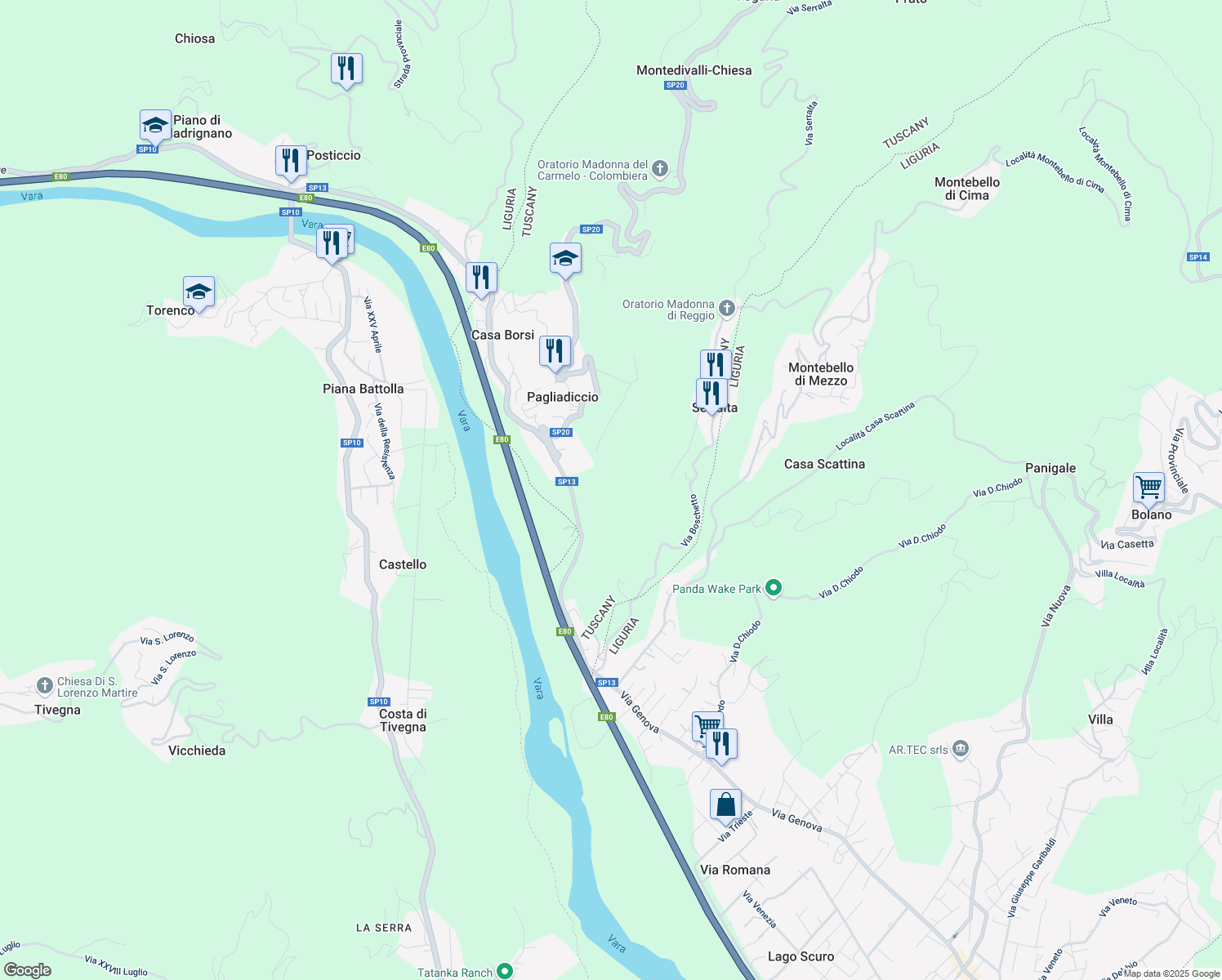 map of restaurants, bars, coffee shops, grocery stores, and more near in Province of Massa and Carrara