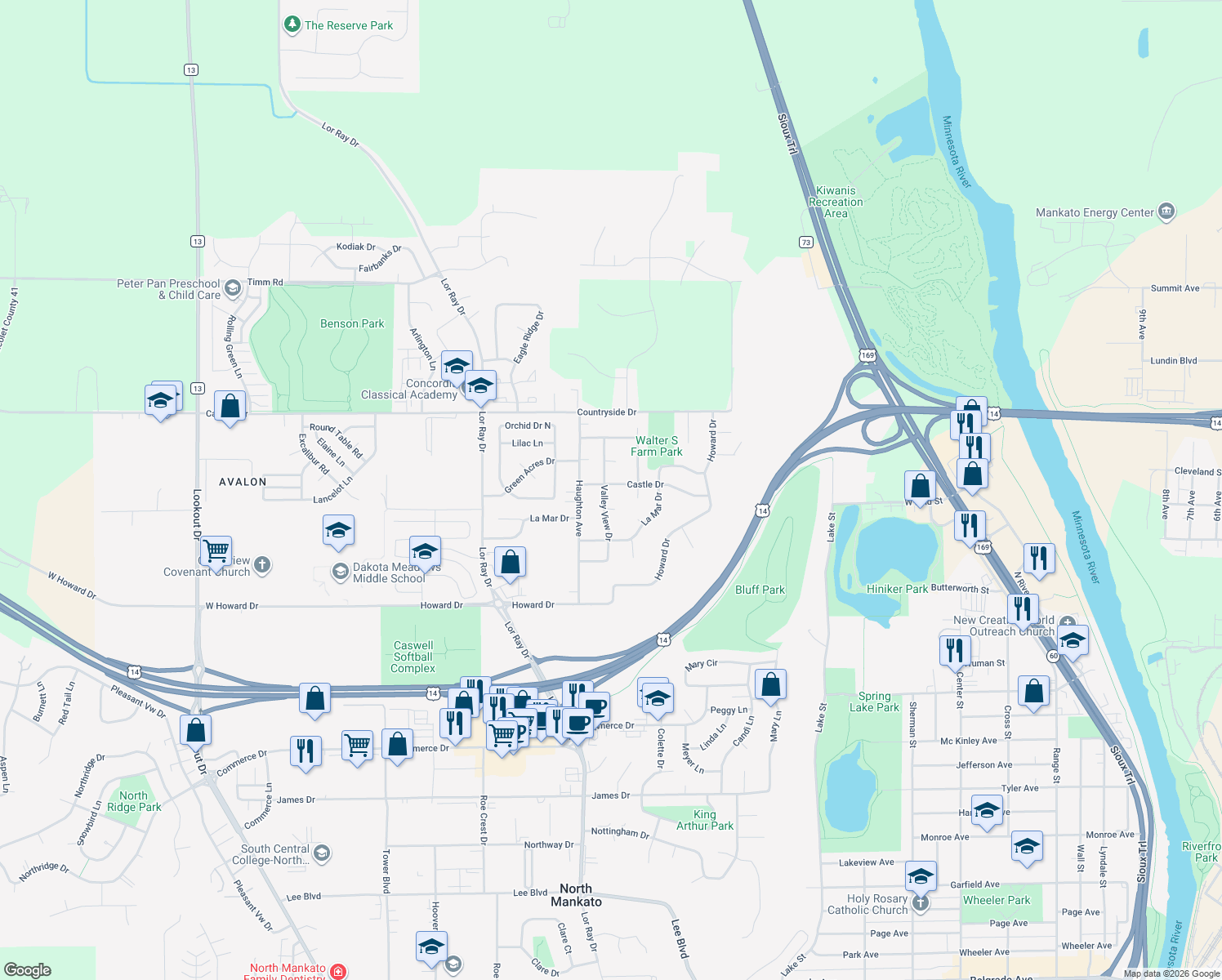 map of restaurants, bars, coffee shops, grocery stores, and more near 1663 Castle Drive in North Mankato