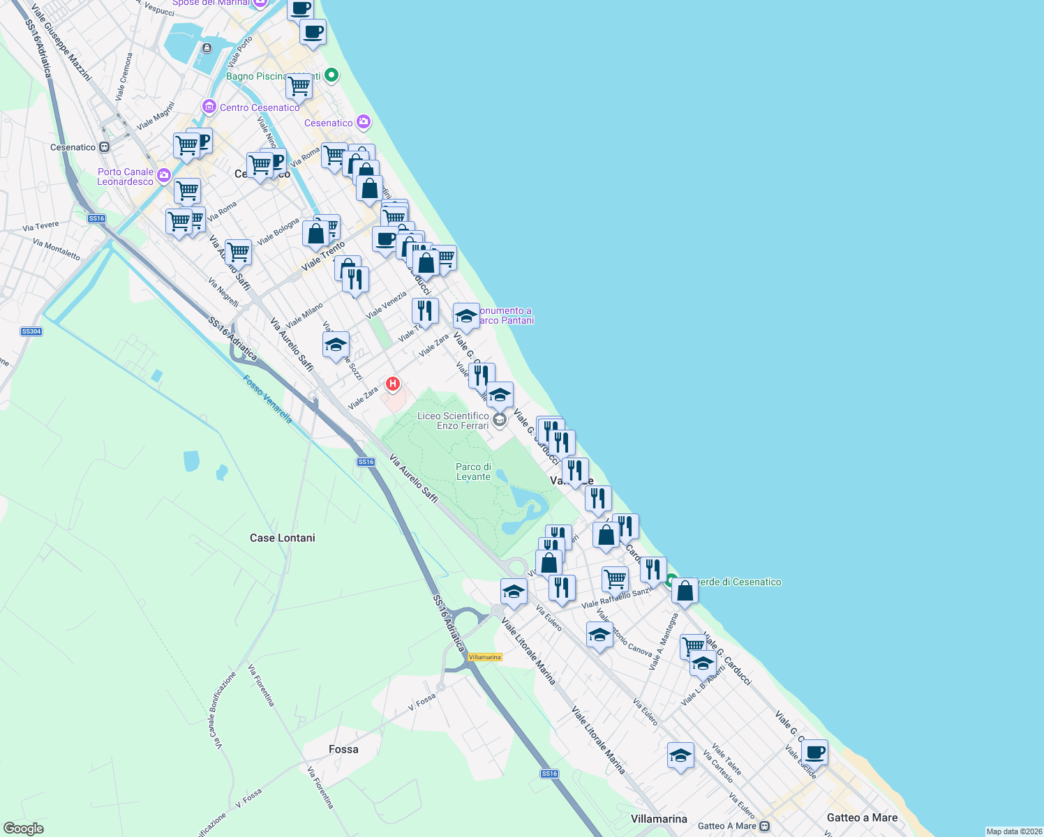 map of restaurants, bars, coffee shops, grocery stores, and more near 250 Viale Giosuè Carducci in Cesenatico