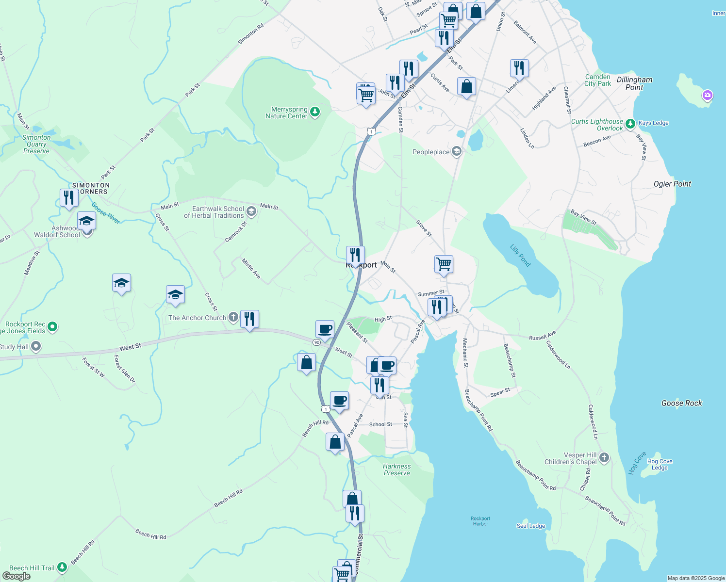 map of restaurants, bars, coffee shops, grocery stores, and more near 3 Camden Street in Rockport