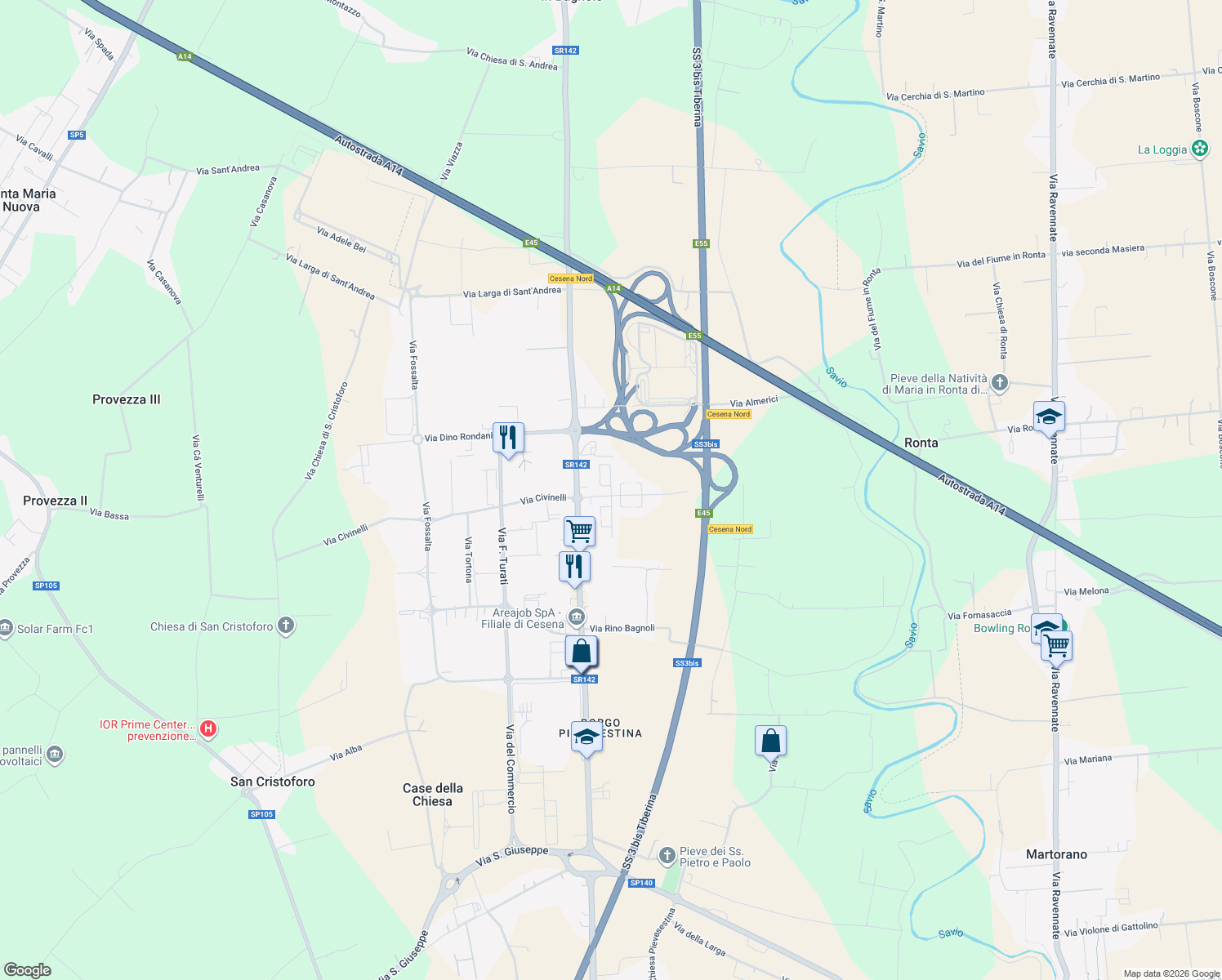 map of restaurants, bars, coffee shops, grocery stores, and more near 137 Via Roberto Ruffilli in Cesena
