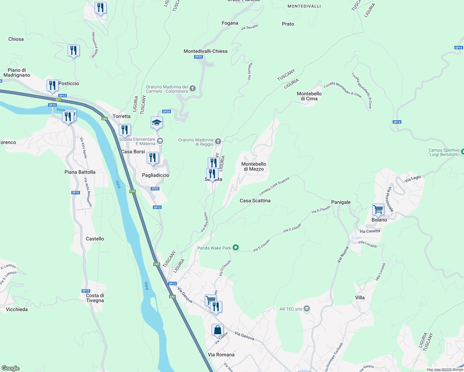 map of restaurants, bars, coffee shops, grocery stores, and more near 11 Località Montebello di Fondo in Montebello di Mezzo