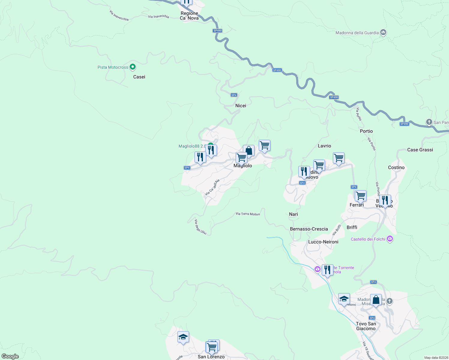 map of restaurants, bars, coffee shops, grocery stores, and more near 24 Via Lanfranchi in Magliolo