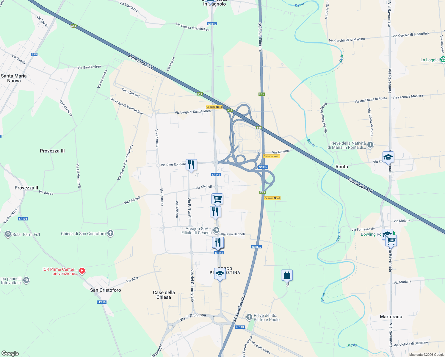 map of restaurants, bars, coffee shops, grocery stores, and more near 137 Via R. Ruffilli in Cesena