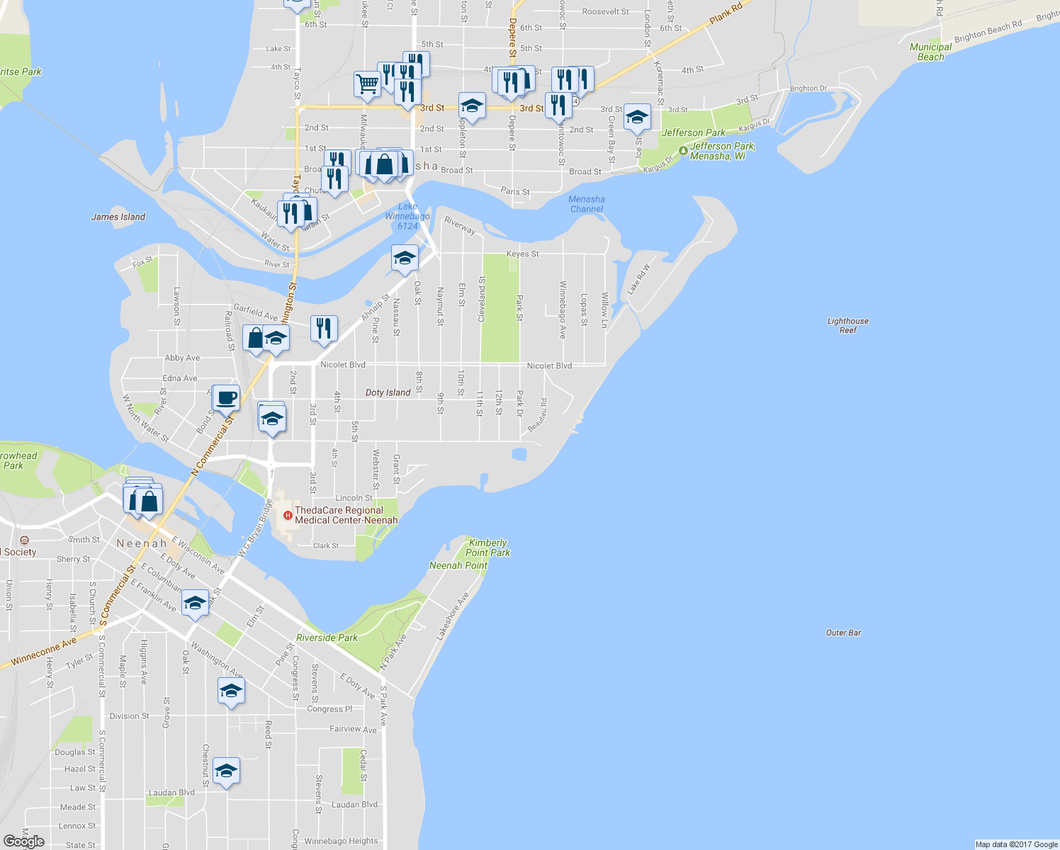 map of restaurants, bars, coffee shops, grocery stores, and more near 442 Beaulieu Road in Neenah