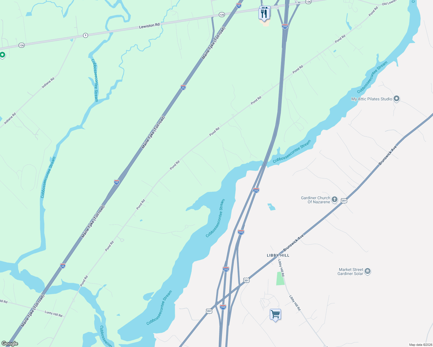map of restaurants, bars, coffee shops, grocery stores, and more near 52 Cain Lane in West Gardiner