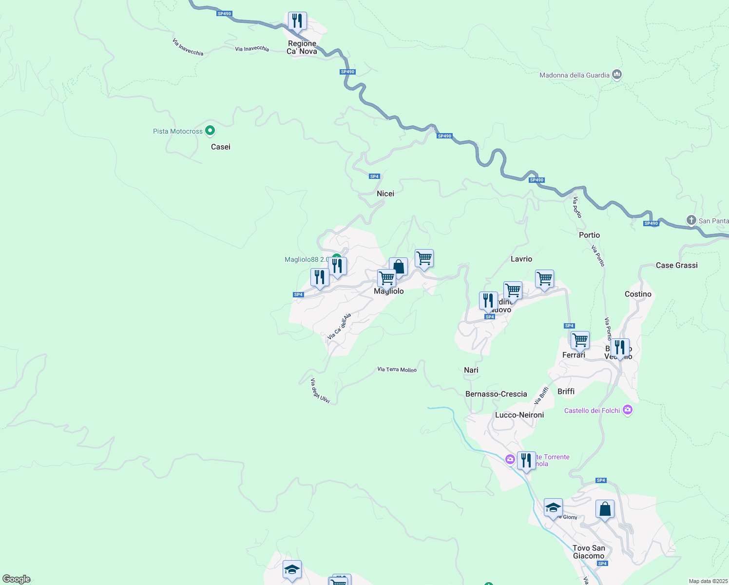 map of restaurants, bars, coffee shops, grocery stores, and more near 10 Via Barilari in Magliolo