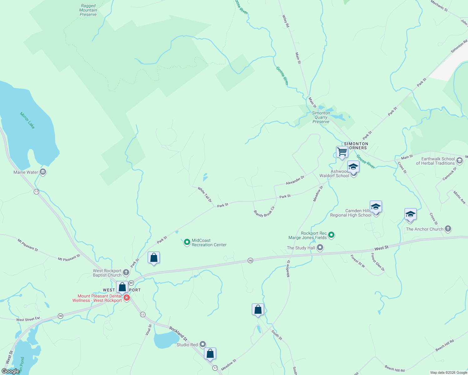 map of restaurants, bars, coffee shops, grocery stores, and more near 34 Westwood Road in Rockport
