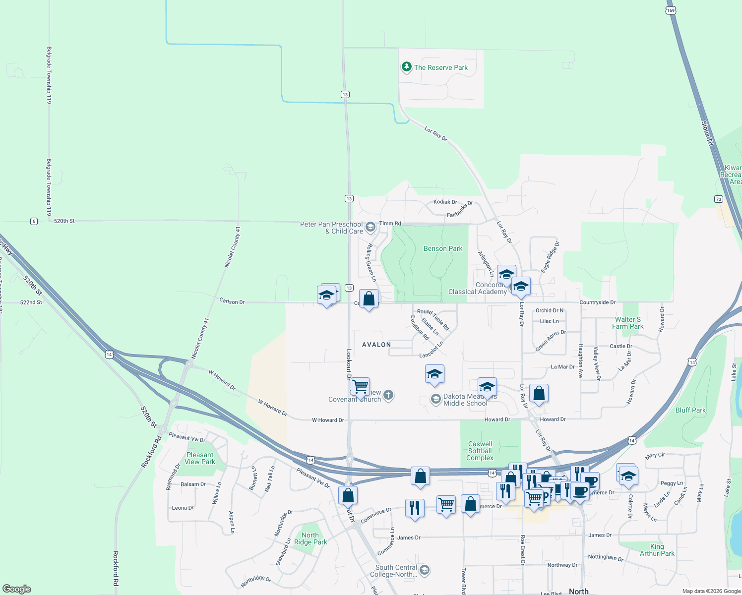 map of restaurants, bars, coffee shops, grocery stores, and more near 2099 Carlson Drive in North Mankato