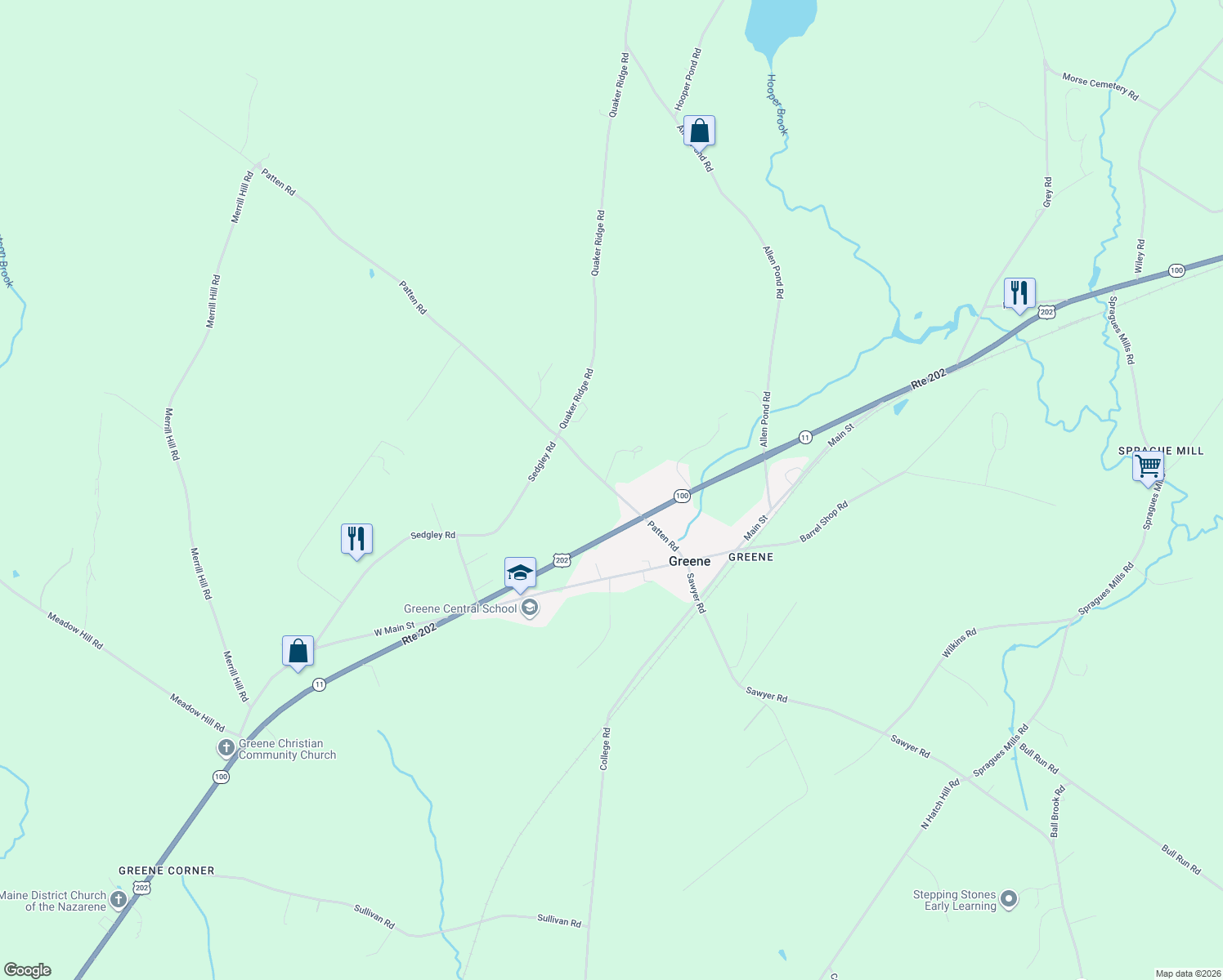 map of restaurants, bars, coffee shops, grocery stores, and more near 58 Patten Road in Greene