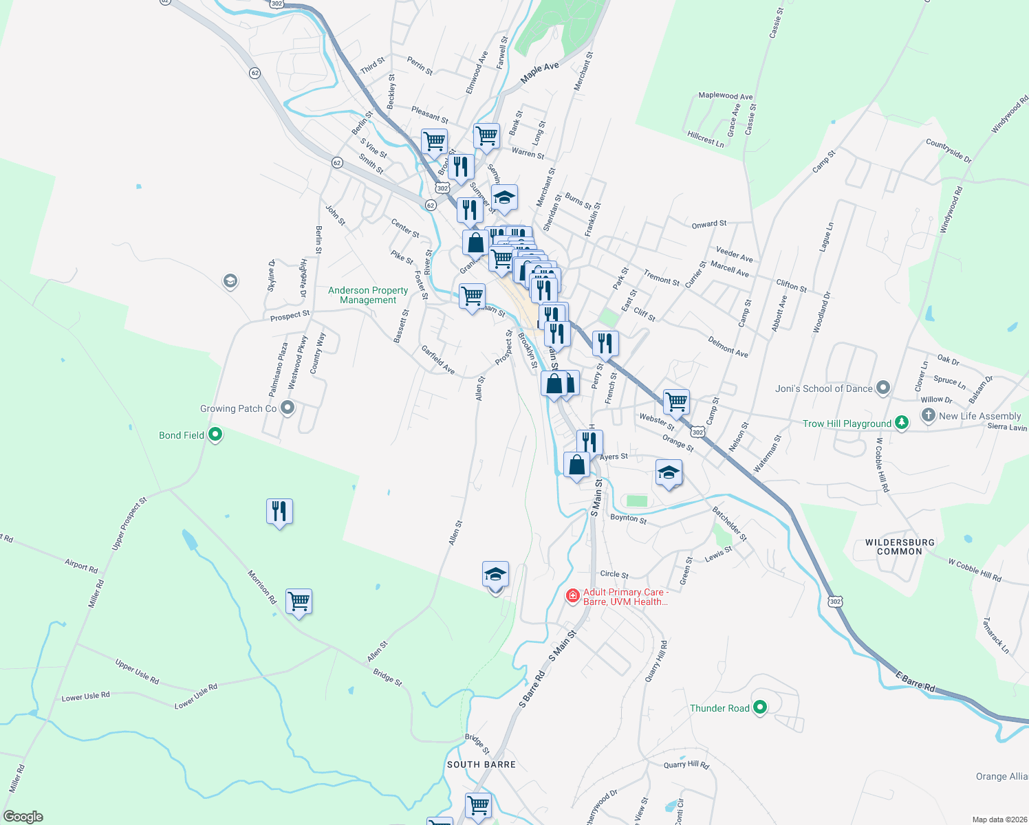 map of restaurants, bars, coffee shops, grocery stores, and more near 141 Fairview St in Barre