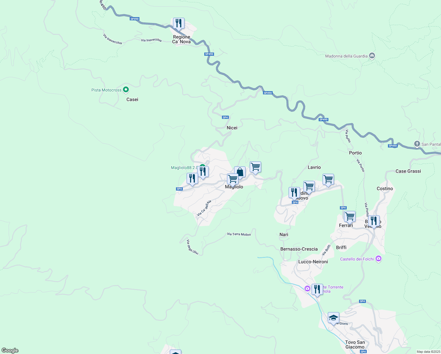 map of restaurants, bars, coffee shops, grocery stores, and more near 5 Via Brunenghi in Magliolo