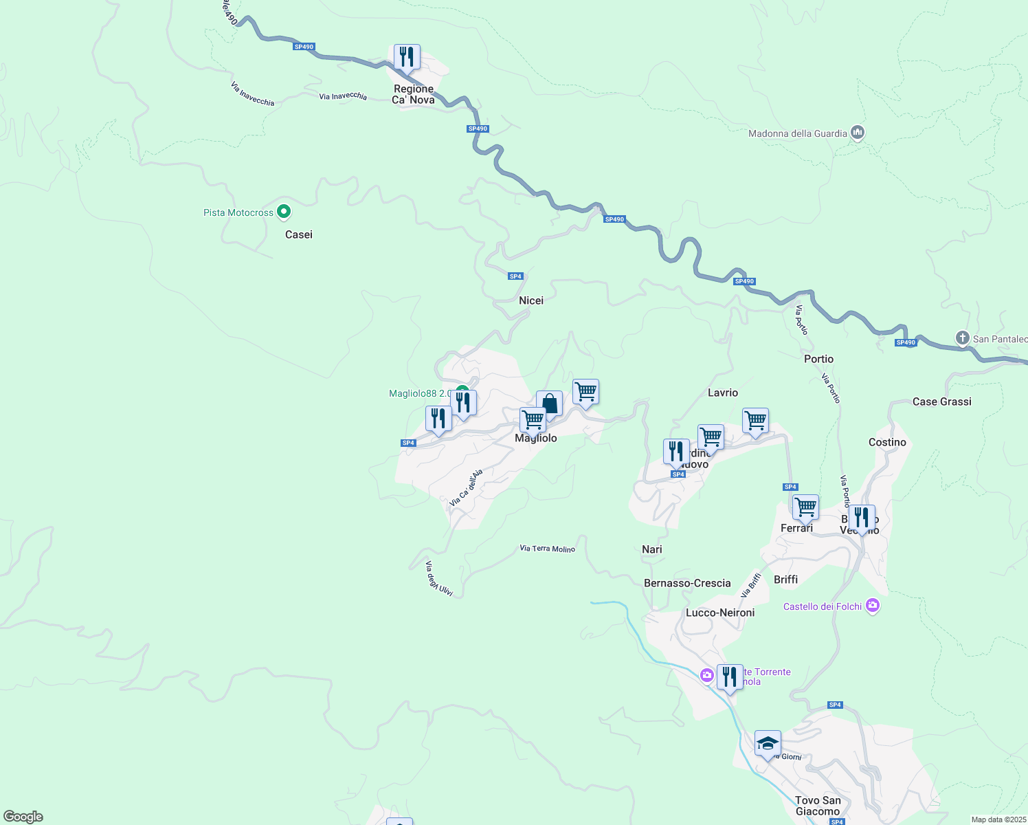 map of restaurants, bars, coffee shops, grocery stores, and more near 5 Via Brunenghi in Magliolo