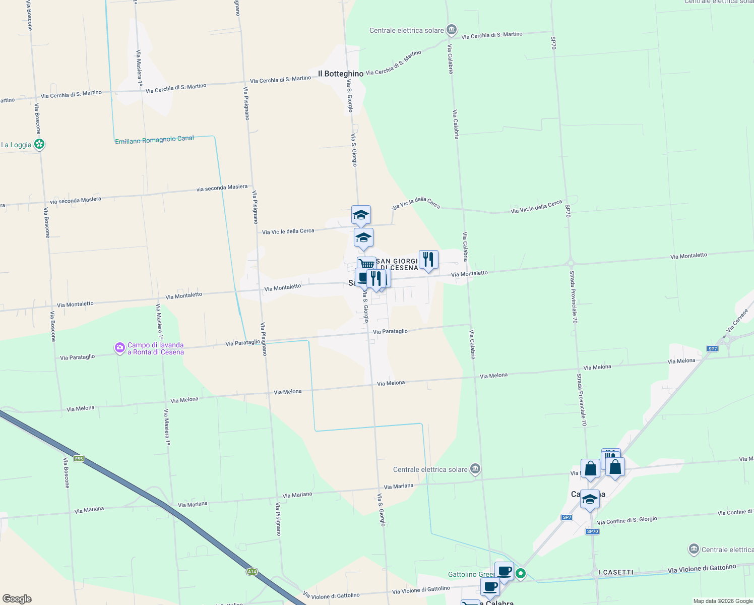 map of restaurants, bars, coffee shops, grocery stores, and more near 75 Via Alvaro Campana in Cesena