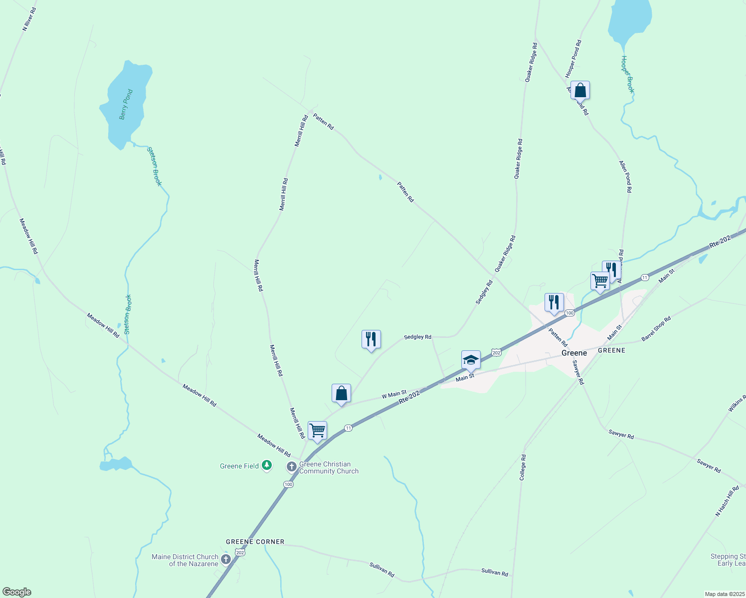 map of restaurants, bars, coffee shops, grocery stores, and more near 95 Rackley Drive in Greene