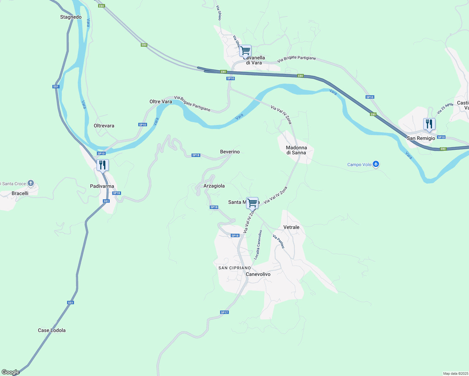 map of restaurants, bars, coffee shops, grocery stores, and more near 27 Via San Martina in Santa Martina