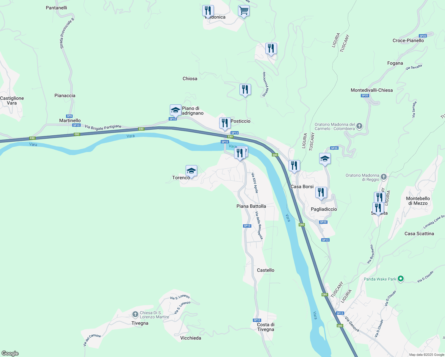 map of restaurants, bars, coffee shops, grocery stores, and more near 42 Via Roma in Piana Battolla