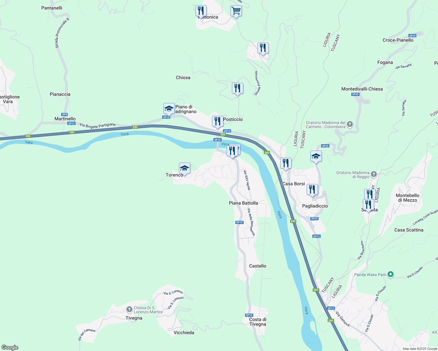 map of restaurants, bars, coffee shops, grocery stores, and more near 42 Via Roma in Piana Battolla
