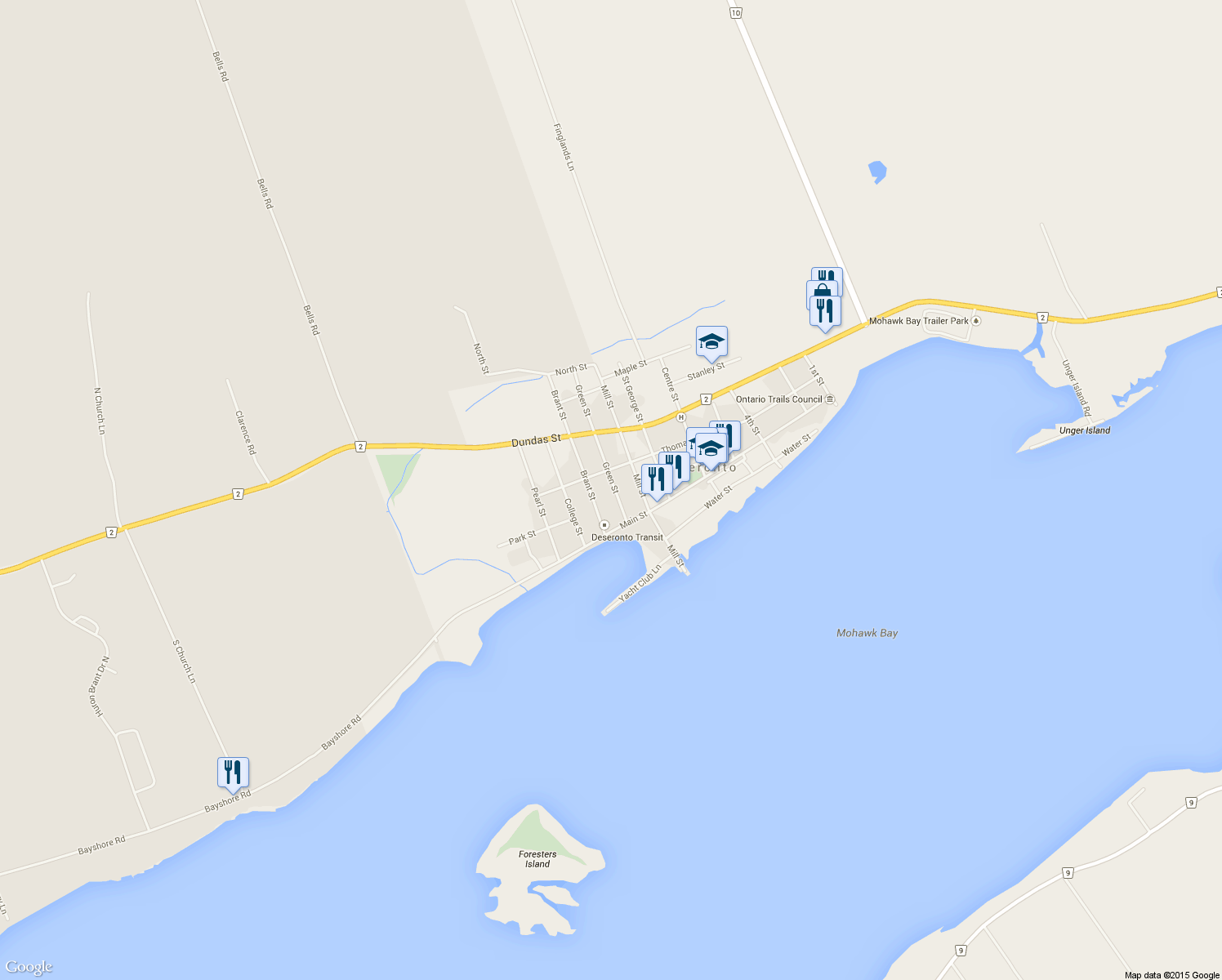 map of restaurants, bars, coffee shops, grocery stores, and more near 85 Green Street in Deseronto