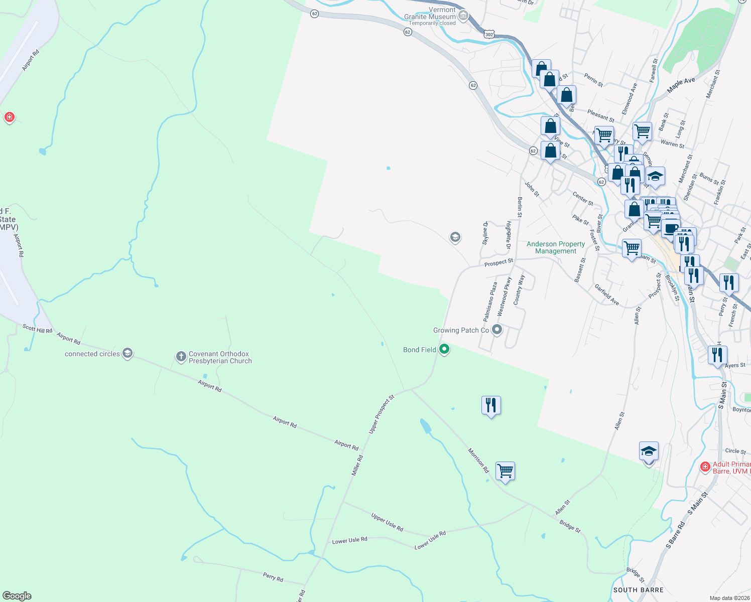 map of restaurants, bars, coffee shops, grocery stores, and more near 79 Jensen Rd in Barre