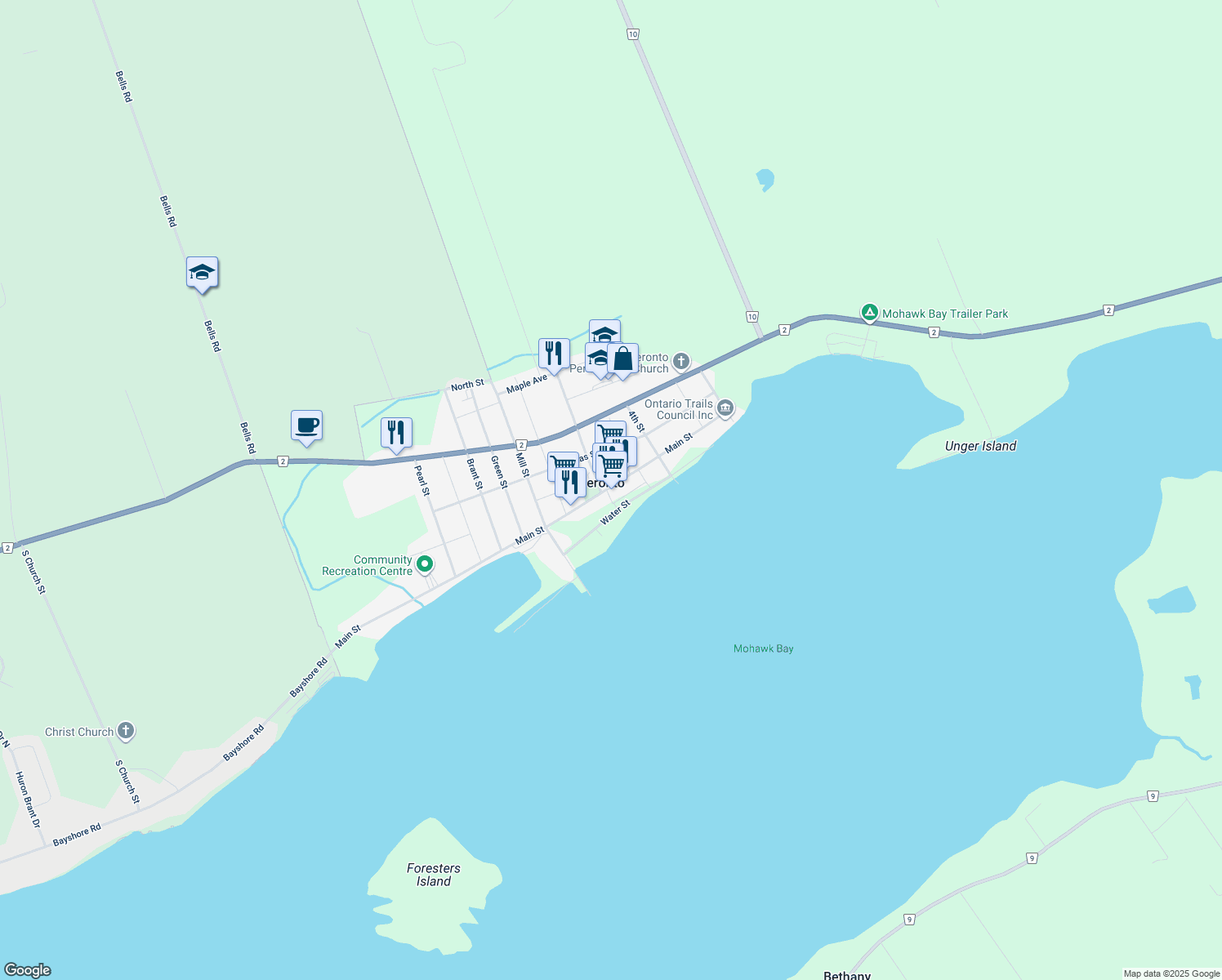 map of restaurants, bars, coffee shops, grocery stores, and more near 346 Main St in Deseronto
