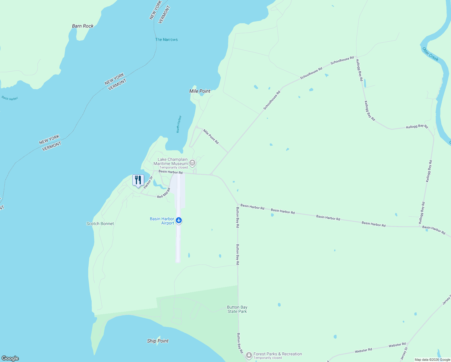 map of restaurants, bars, coffee shops, grocery stores, and more near 4240 Basin Harbor Road in Vergennes