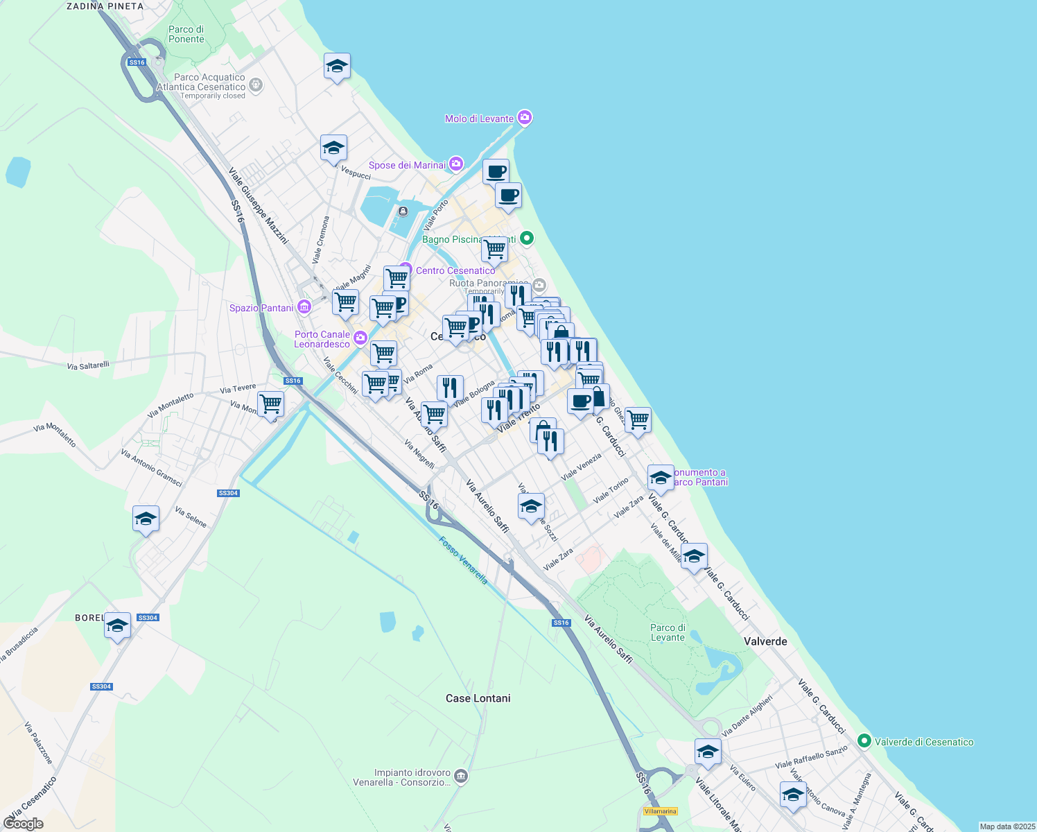 map of restaurants, bars, coffee shops, grocery stores, and more near 33C Viale Trento in Cesenatico