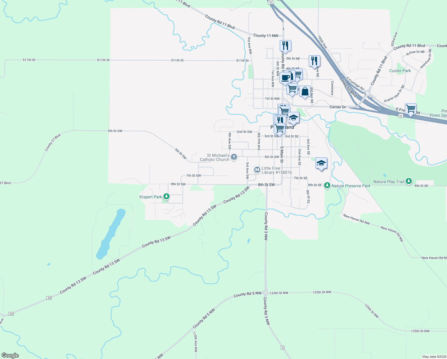 map of restaurants, bars, coffee shops, grocery stores, and more near 510 8th Street Southwest in Pine Island