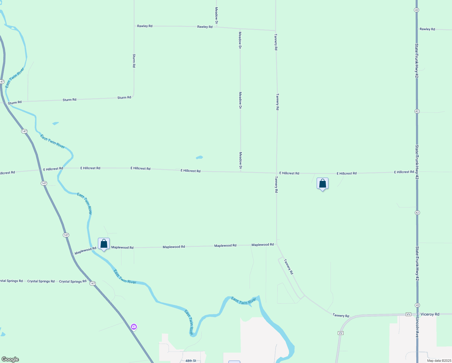 map of restaurants, bars, coffee shops, grocery stores, and more near 4007 East Hillcrest Road in Two Rivers