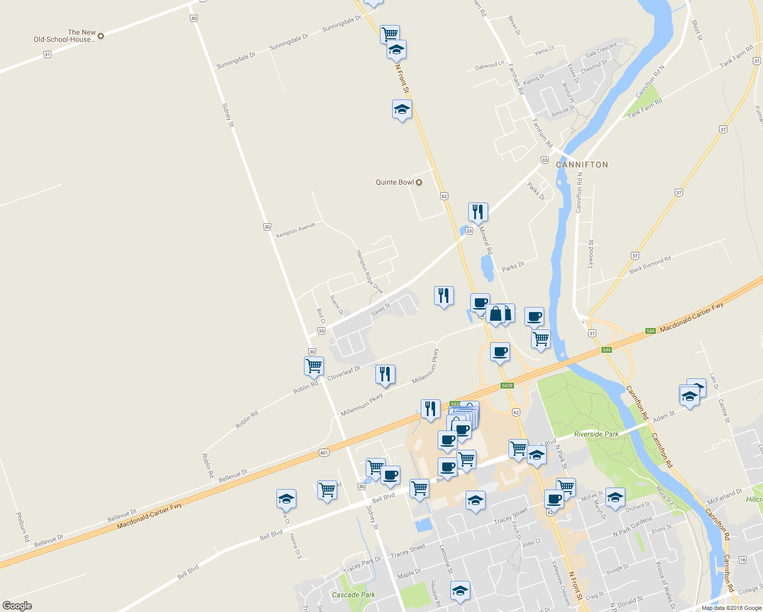 map of restaurants, bars, coffee shops, grocery stores, and more near 63 Gavey Street in Belleville