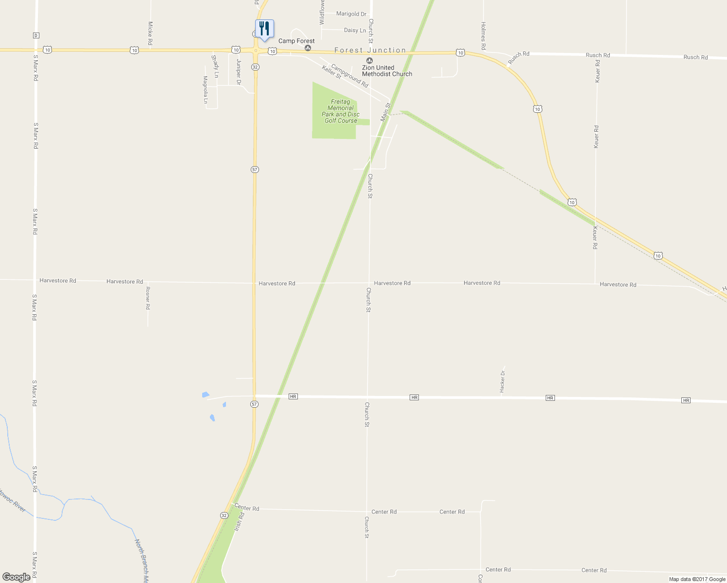 map of restaurants, bars, coffee shops, grocery stores, and more near N8471 Church Street in Brillion