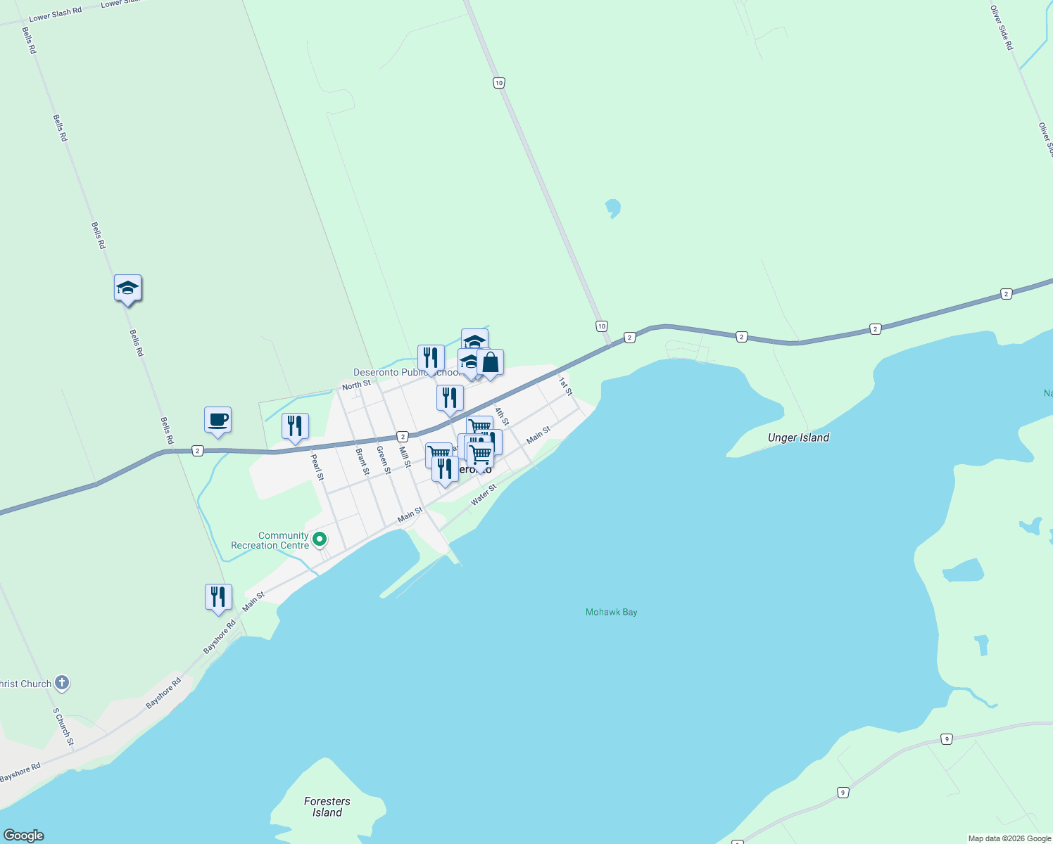 map of restaurants, bars, coffee shops, grocery stores, and more near 422 Thomas Street in Deseronto