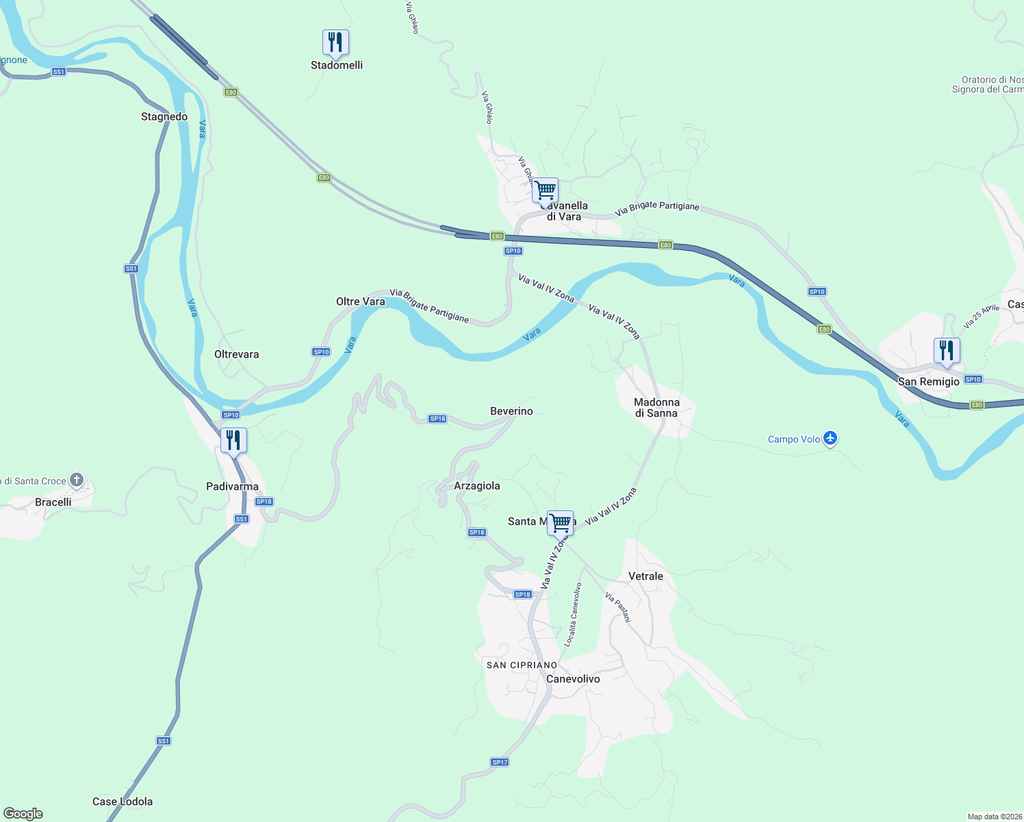 map of restaurants, bars, coffee shops, grocery stores, and more near in Beverino