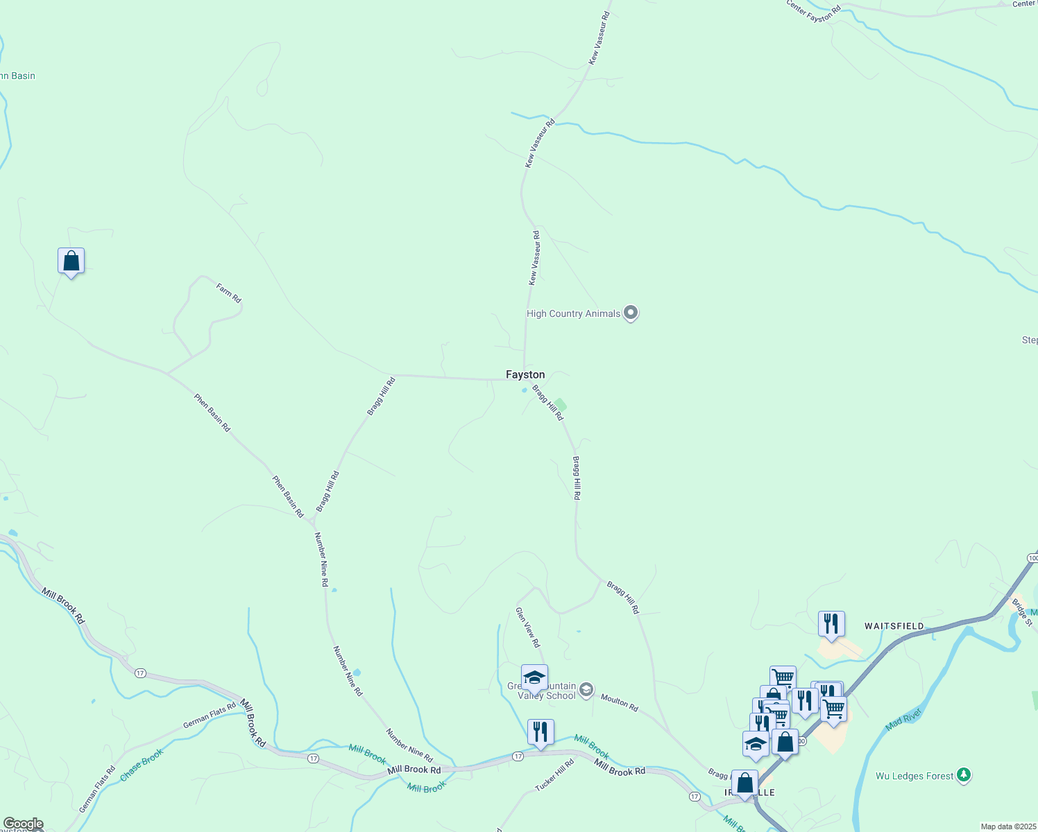 map of restaurants, bars, coffee shops, grocery stores, and more near 1497 Bragg Hill Rd in Waitsfield