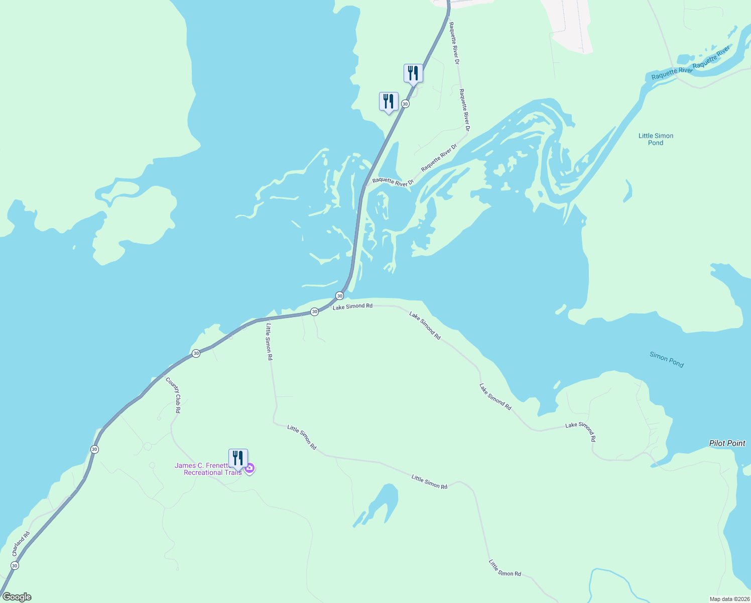 map of restaurants, bars, coffee shops, grocery stores, and more near 43 Lake Simond Rd in Tupper Lake