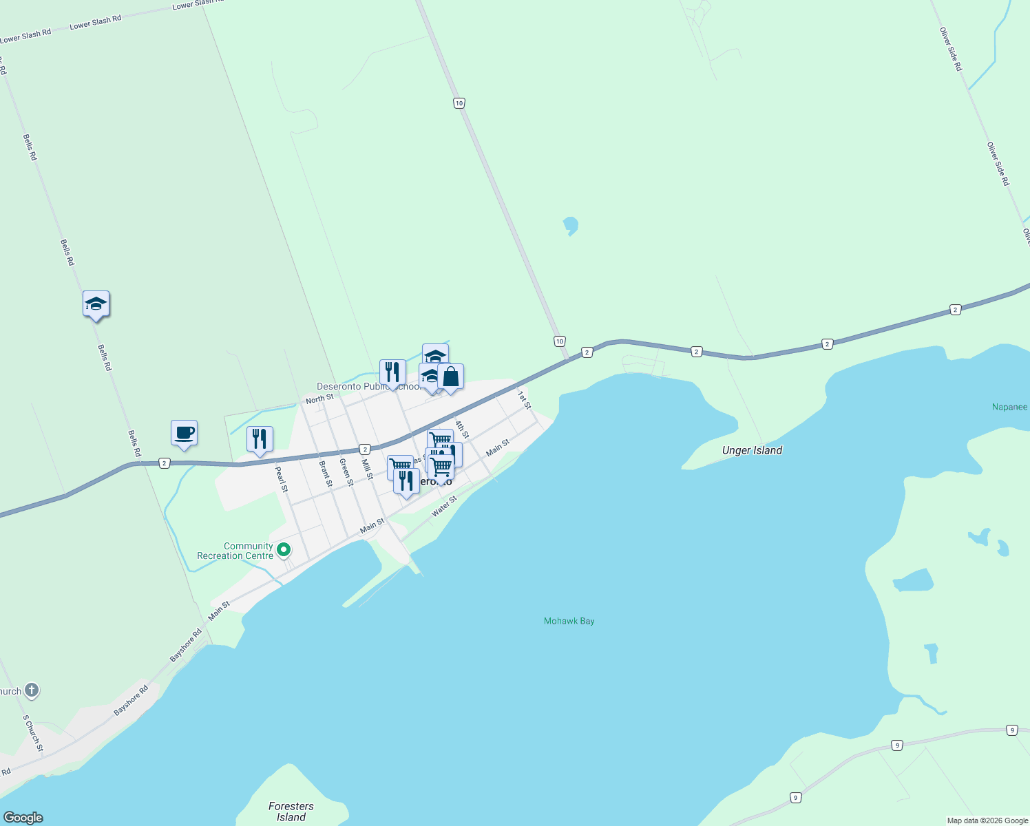 map of restaurants, bars, coffee shops, grocery stores, and more near 472 Thomas St in Deseronto