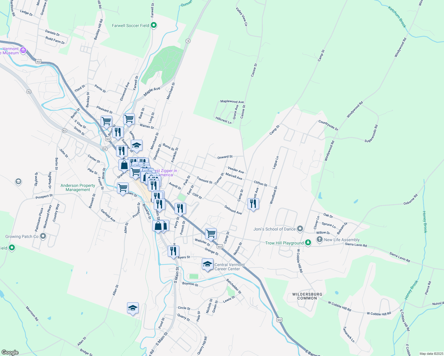 map of restaurants, bars, coffee shops, grocery stores, and more near 95 Currier Street in Barre